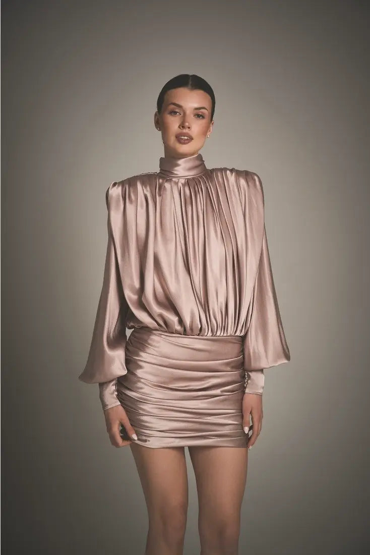 Satin ruched long-sleeve backless dress