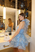 Tank High-Neck Tie-Up Organza Printed Tiered Dress