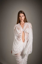 V-Neck Front-Center Cut-Out Set-In -Sleeve Ruched Cocoon Lace Dress