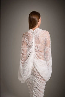 V-Neck Front-Center Cut-Out Set-In -Sleeve Ruched Cocoon Lace Dress