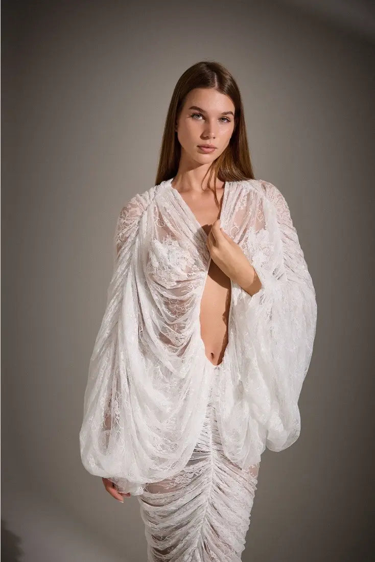 V-Neck Front-Center Cut-Out Set-In -Sleeve Ruched Cocoon Lace Dress