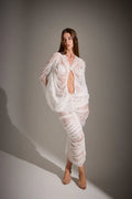 V-Neck Front-Center Cut-Out Set-In -Sleeve Ruched Cocoon Lace Dress