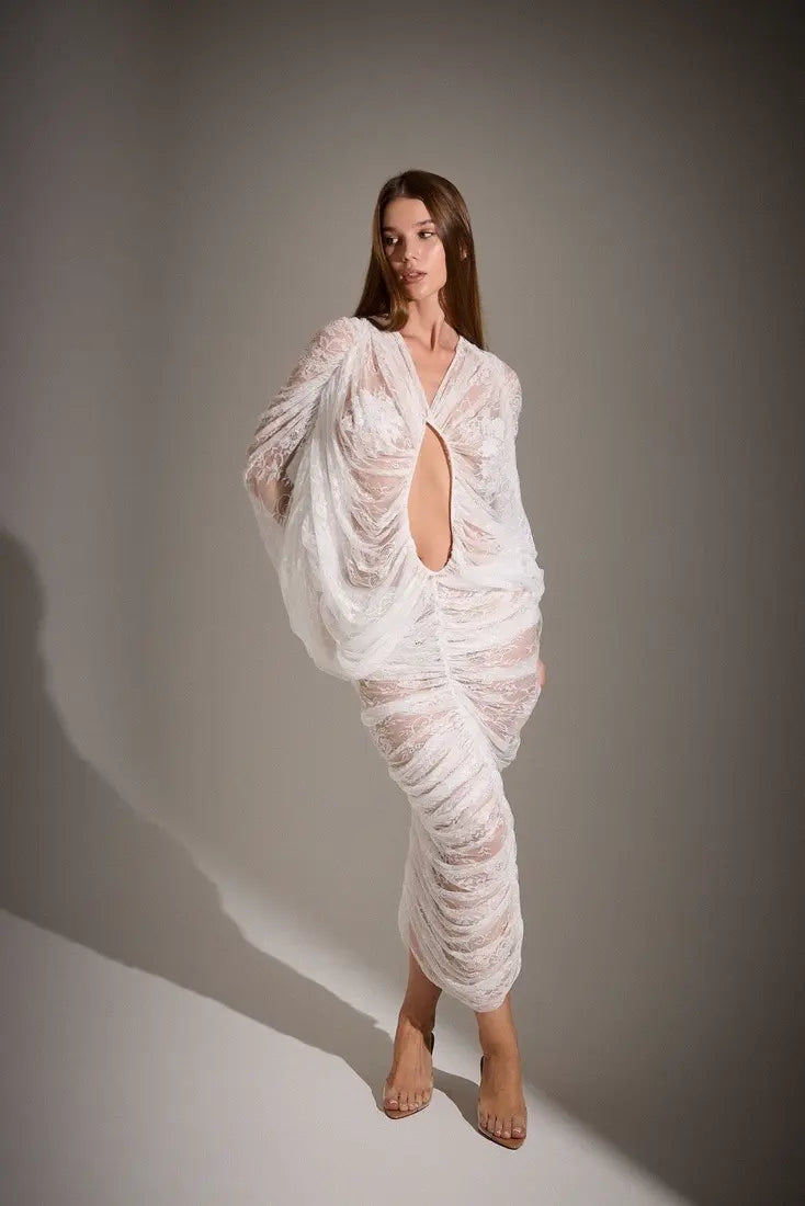 V-Neck Front-Center Cut-Out Set-In -Sleeve Ruched Cocoon Lace Dress