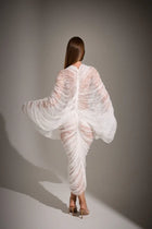 V-Neck Front-Center Cut-Out Set-In -Sleeve Ruched Cocoon Lace Dress