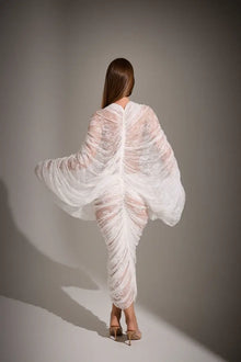 V-Neck Front-Center Cut-Out Set-In -Sleeve Ruched Cocoon Lace Dress