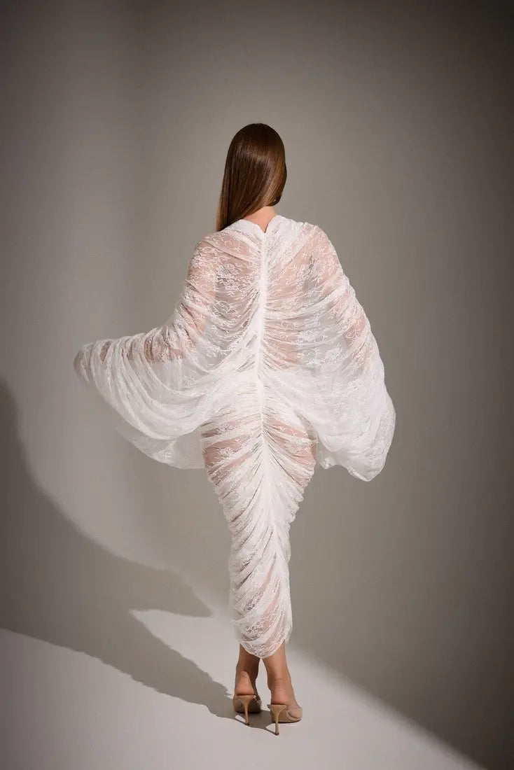 V-Neck Front-Center Cut-Out Set-In -Sleeve Ruched Cocoon Lace Dress