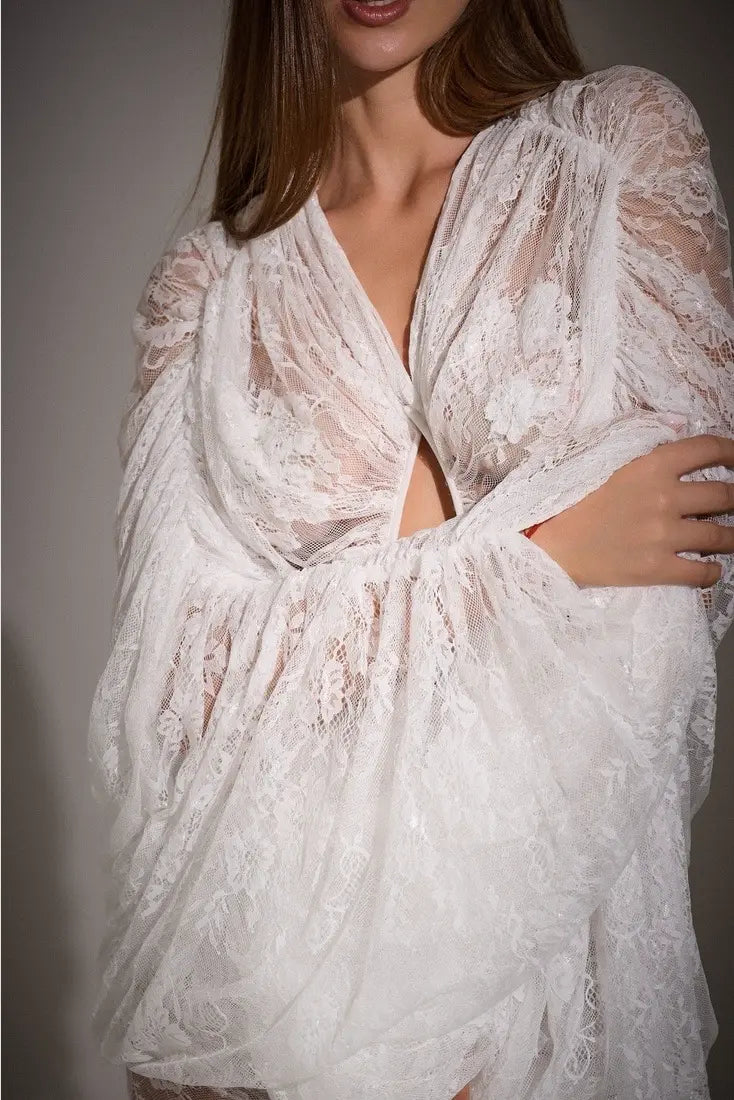 V-Neck Front-Center Cut-Out Set-In -Sleeve Ruched Cocoon Lace Dress