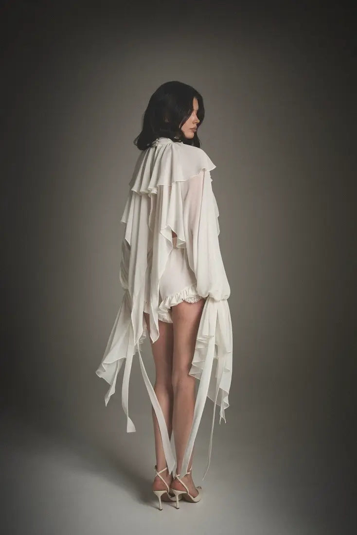 Cape Ruffle Collar Long-Sleeve Top & Shorts Set