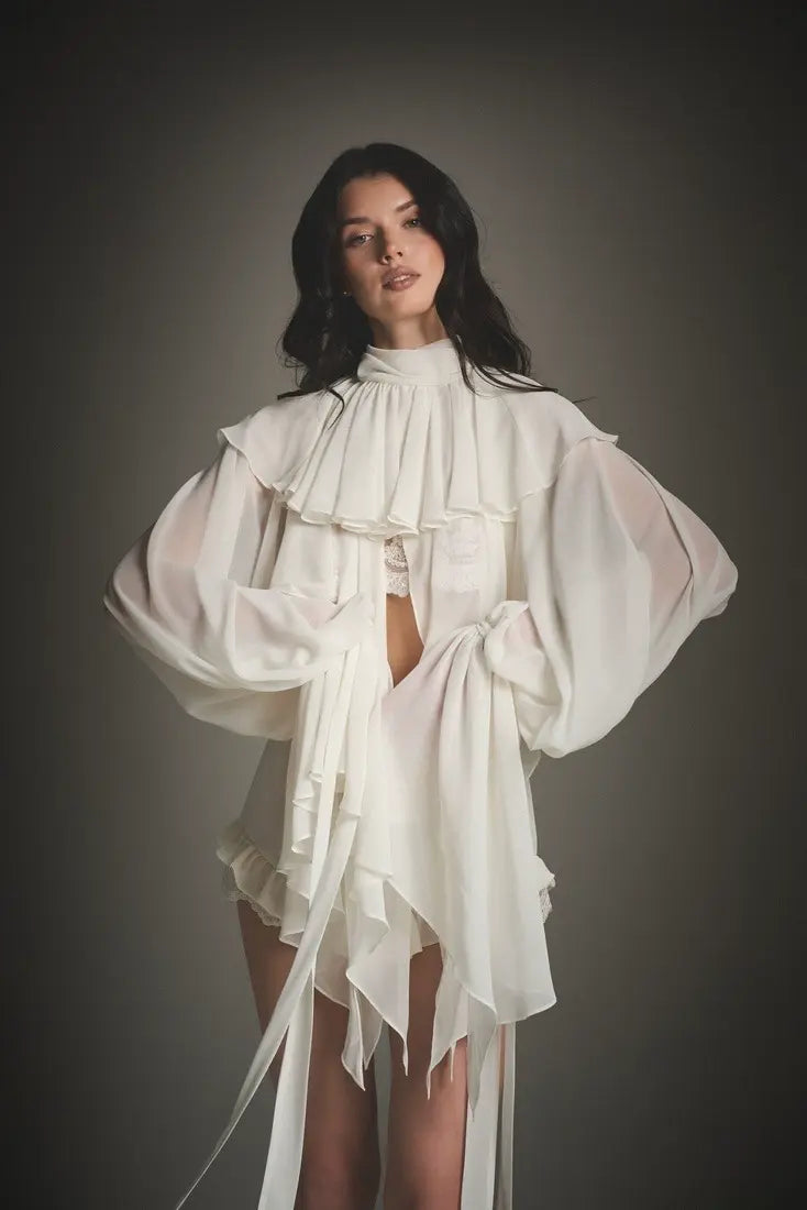 Cape Ruffle Collar Long-Sleeve Top & Shorts Set