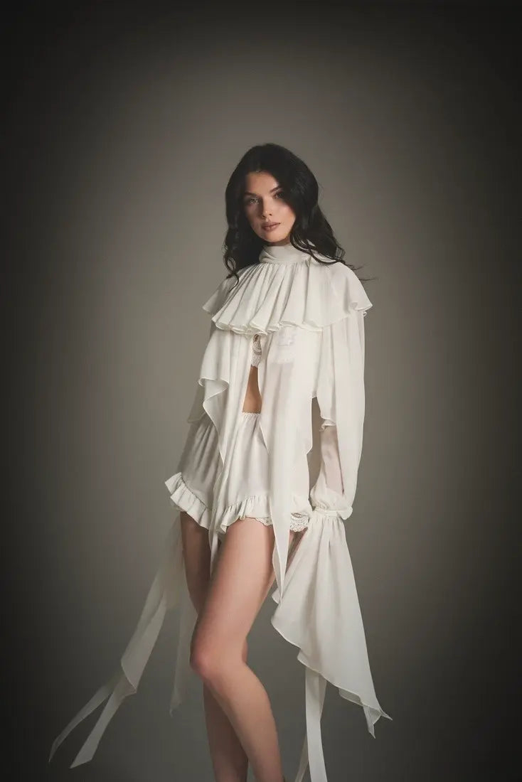 Cape Ruffle Collar Long-Sleeve Top & Shorts Set