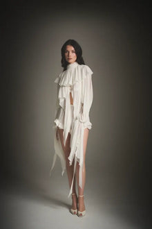 Cape Ruffle Collar Long-Sleeve Top & Shorts Set