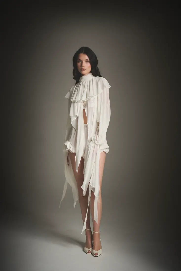 Cape Ruffle Collar Long-Sleeve Top & Shorts Set