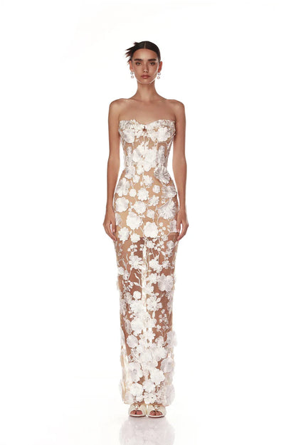 Strapless Floral Embroidered Gown
