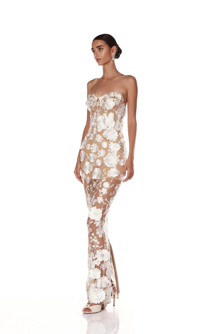 Strapless Floral Embroidered Gown