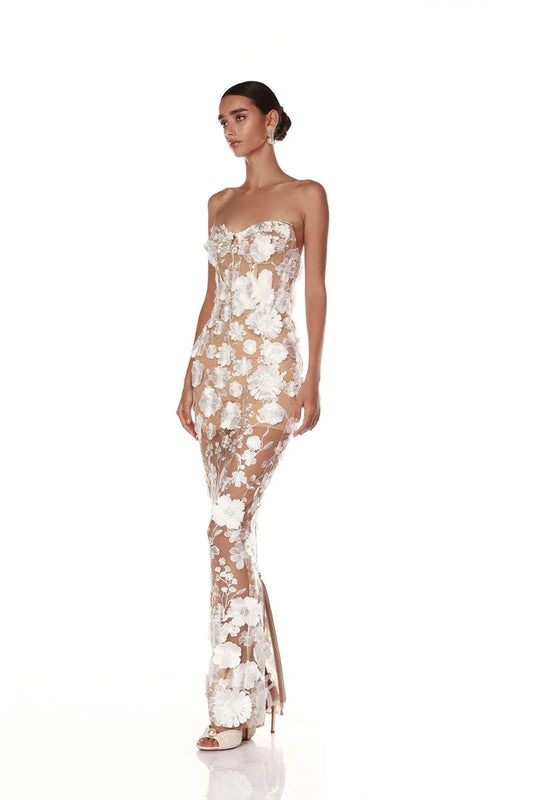 Strapless Floral Embroidered Gown