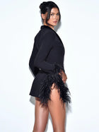 Deep V-Neck Velvet-Lapel Long-Sleeve Ostrich-Feather Blazer Dress