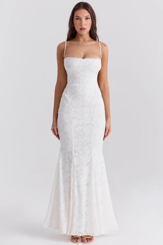 Ivory Lace up Back Maxi Dress