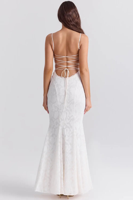 Ivory Lace up Back Maxi Dress