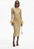 Bodycon Ruched Rhinestone Ostrich Feather Trim  Dress