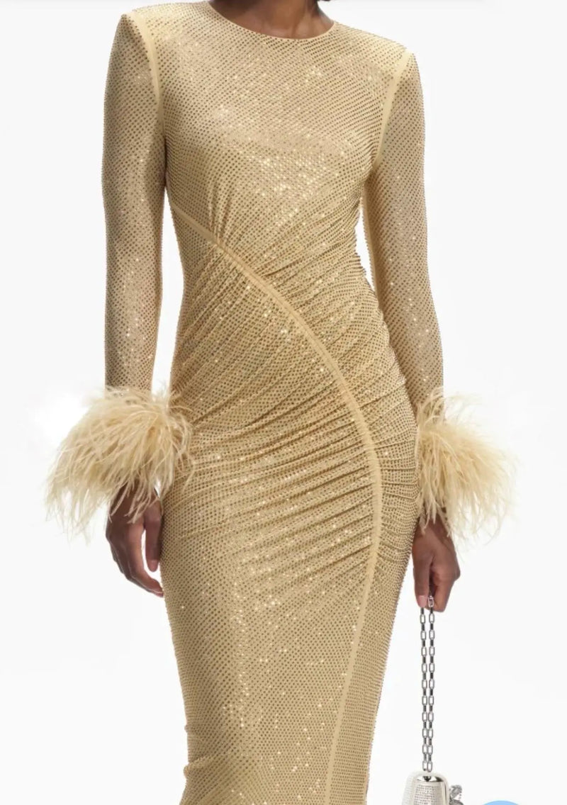 Bodycon Ruched Rhinestone Ostrich Feather Trim  Dress