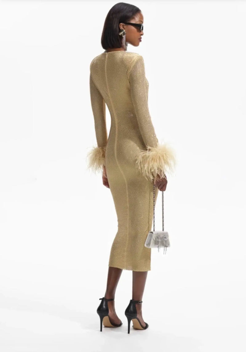 Bodycon Ruched Rhinestone Ostrich Feather Trim  Dress