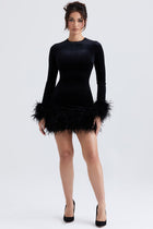 Round-Neck Long-Sleeve Ostrich-Feather Velvet Dress