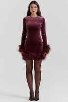 Round-Neck Long-Sleeve Ostrich-Feather Velvet Dress