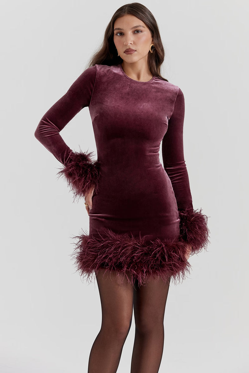 Round-Neck Long-Sleeve Ostrich-Feather Velvet Dress
