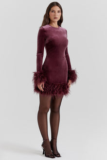 Round-Neck Long-Sleeve Ostrich-Feather Velvet Dress