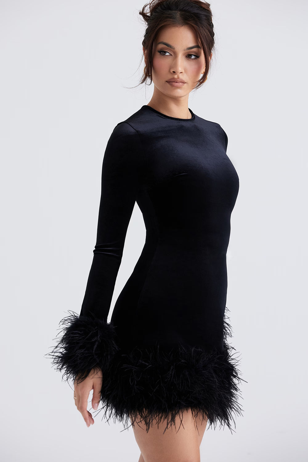 Round-Neck Long-Sleeve Ostrich-Feather Velvet Dress