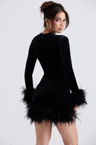 Round-Neck Long-Sleeve Ostrich-Feather Velvet Dress