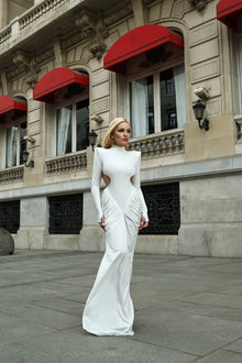 High-Neck  Waist Cut-Out  Ruched Maxi Dress