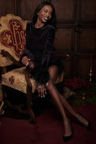 Round-Neck Long-Sleeve Ostrich-Feather Velvet Dress