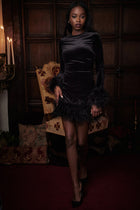 Round-Neck Long-Sleeve Ostrich-Feather Velvet Dress