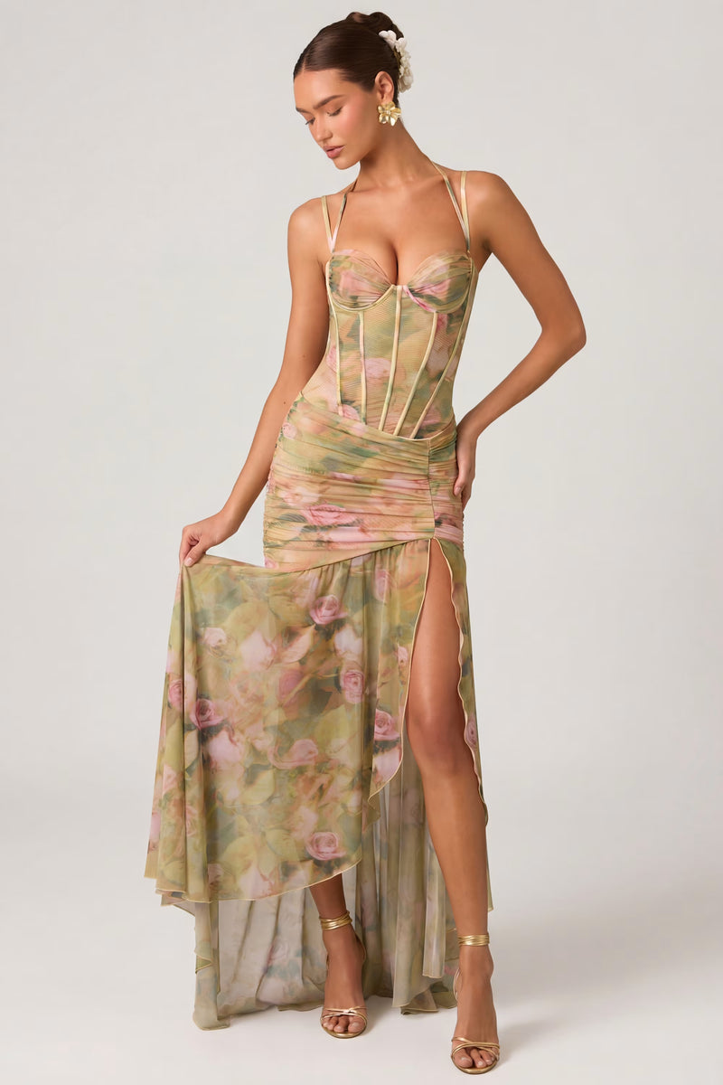 Halter-Strap Corset-Style Printed High-Slit Dress