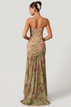 Halter-Strap Corset-Style Printed High-Slit Dress