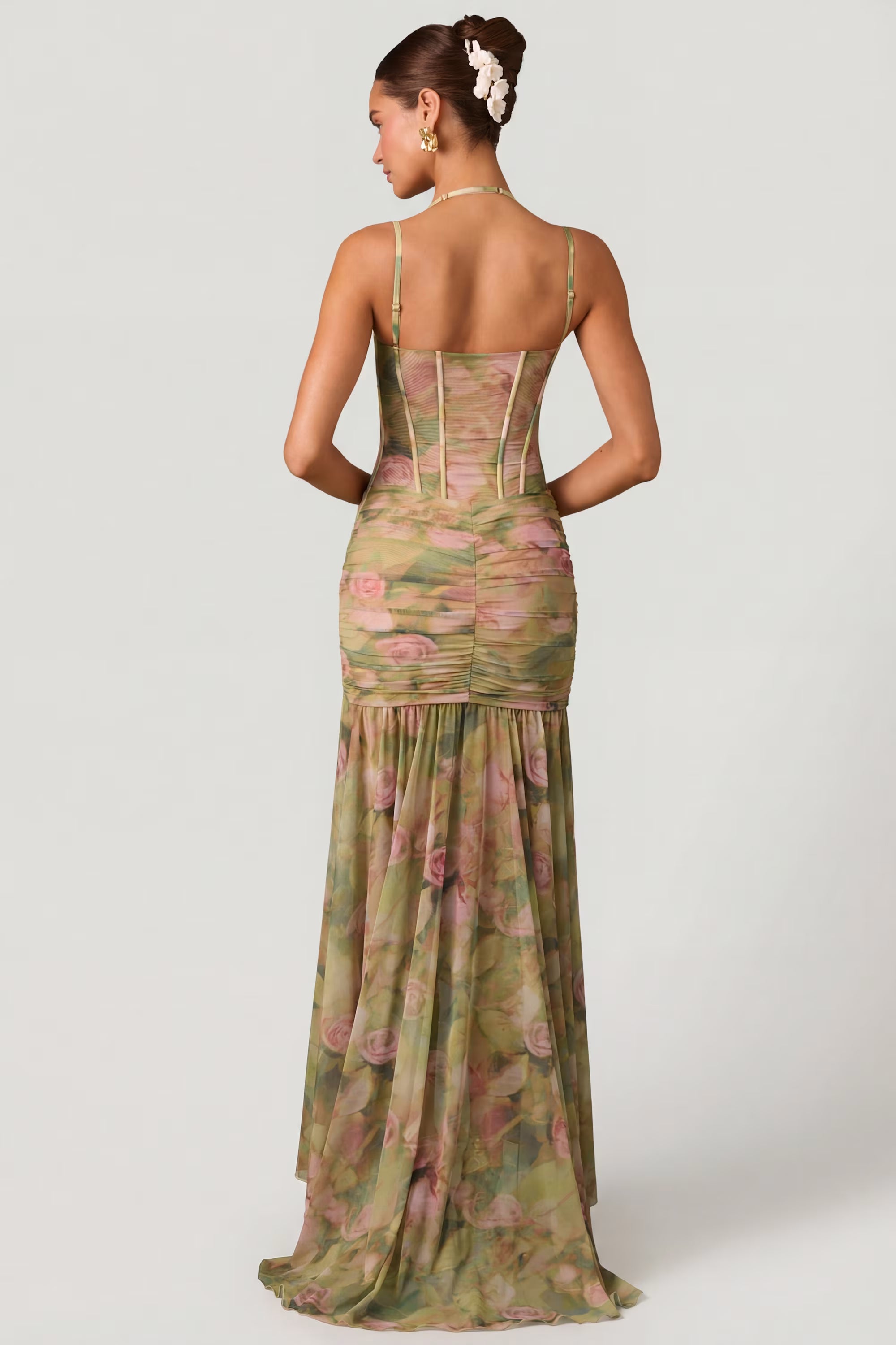 Halter-Strap Corset-Style Printed High-Slit Dress
