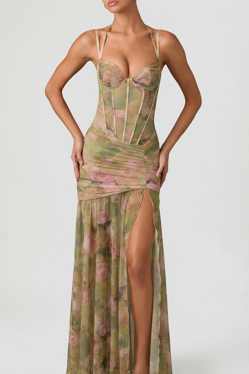 Halter-Strap Corset-Style Printed High-Slit Dress