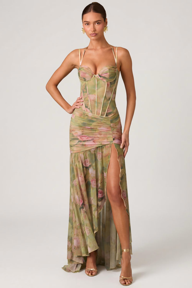 Halter-Strap Corset-Style Printed High-Slit Dress