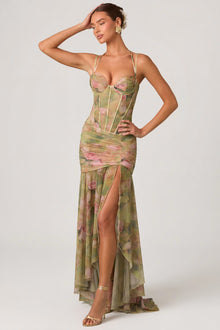 Halter-Strap Corset-Style Printed High-Slit Dress