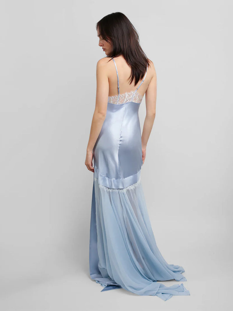 Spaghetti Strap Lace-Trim Satin and Chiffon Paneled Dress