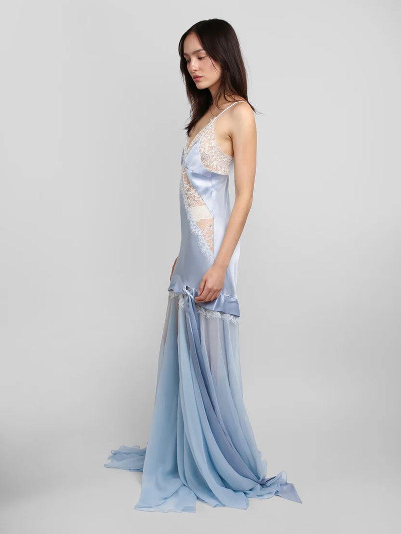 Spaghetti Strap Lace-Trim Satin and Chiffon Paneled Dress