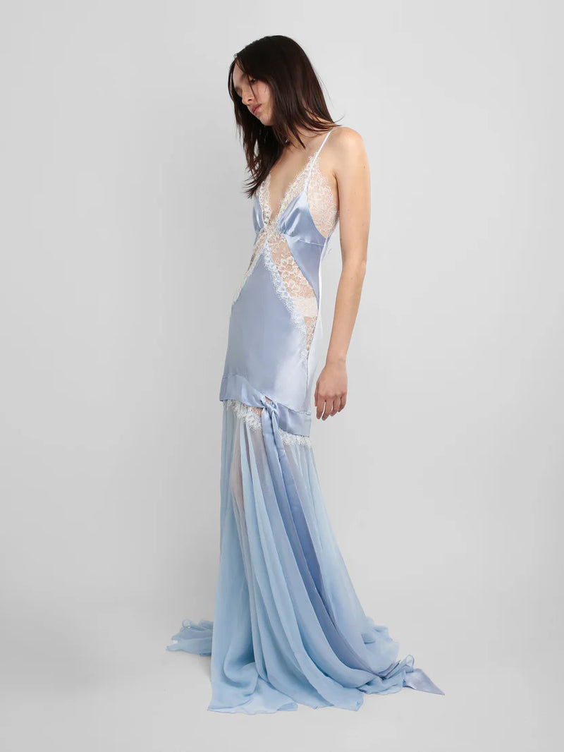 Spaghetti Strap Lace-Trim Satin and Chiffon Paneled Dress