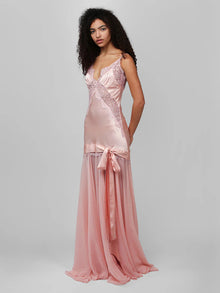 Spaghetti Strap Lace-Trim Satin and Chiffon Paneled Dress