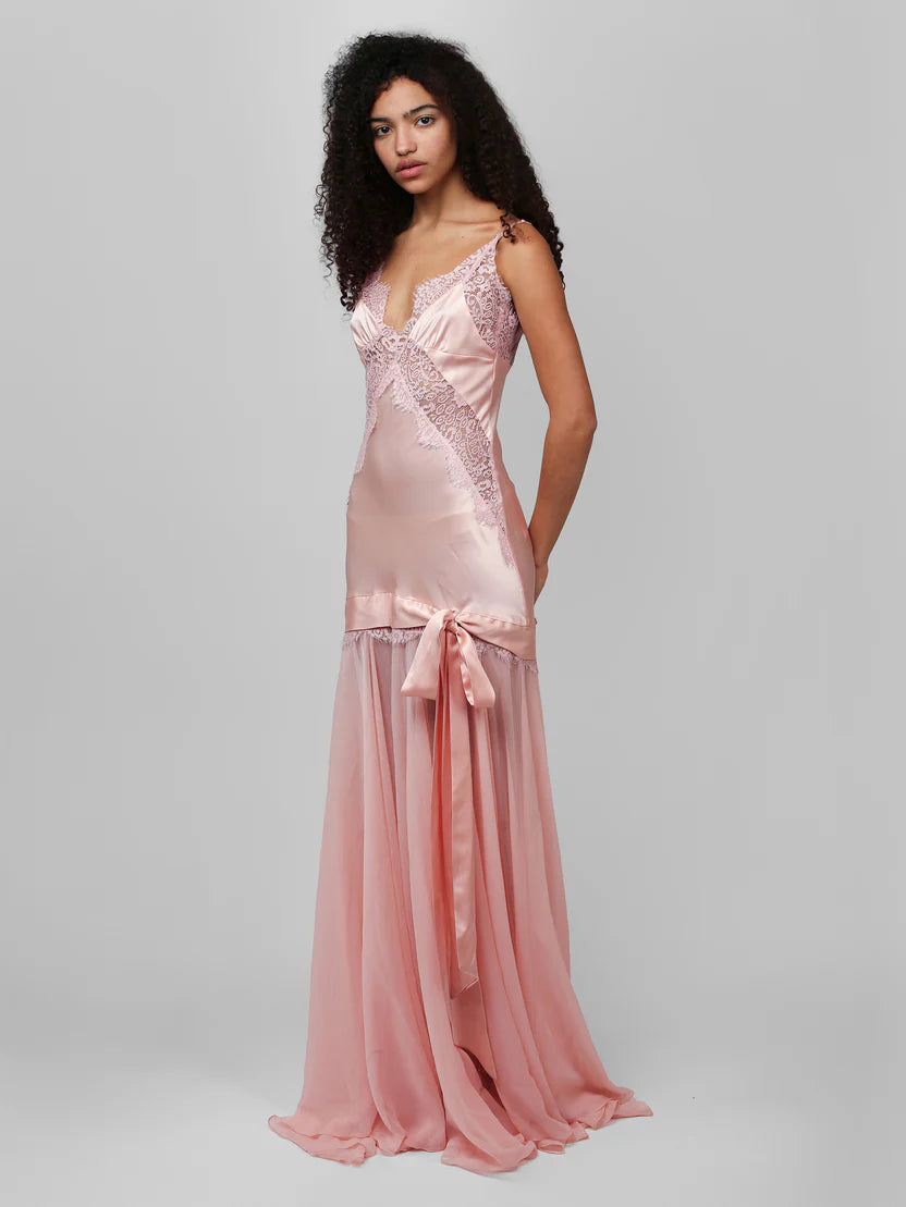 Spaghetti Strap Lace-Trim Satin and Chiffon Paneled Dress