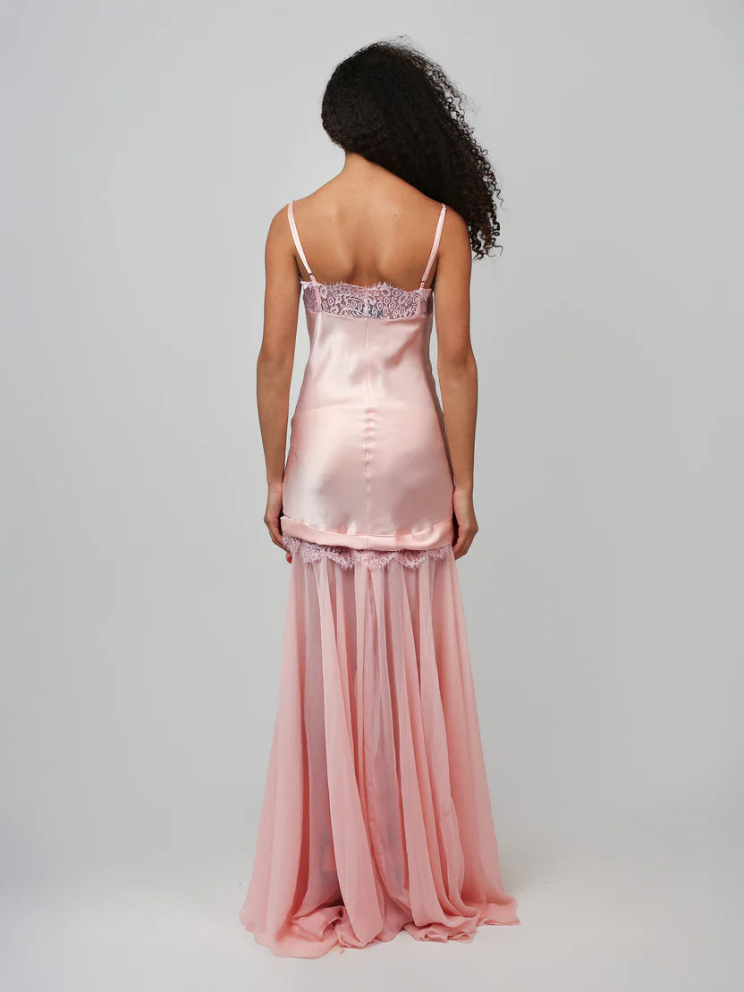 Spaghetti Strap Lace-Trim Satin and Chiffon Paneled Dress