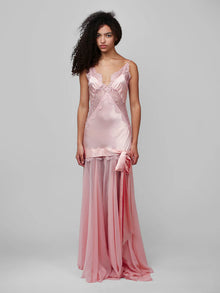 Spaghetti Strap Lace-Trim Satin and Chiffon Paneled Dress