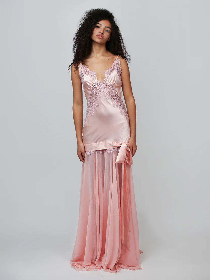 Spaghetti Strap Lace-Trim Satin and Chiffon Paneled Dress