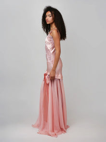 Spaghetti Strap Lace-Trim Satin and Chiffon Paneled Dress