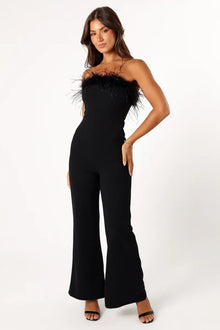 Bandeau Ostrich Feather Trim Bodycon Flare Leg Jumpsuit